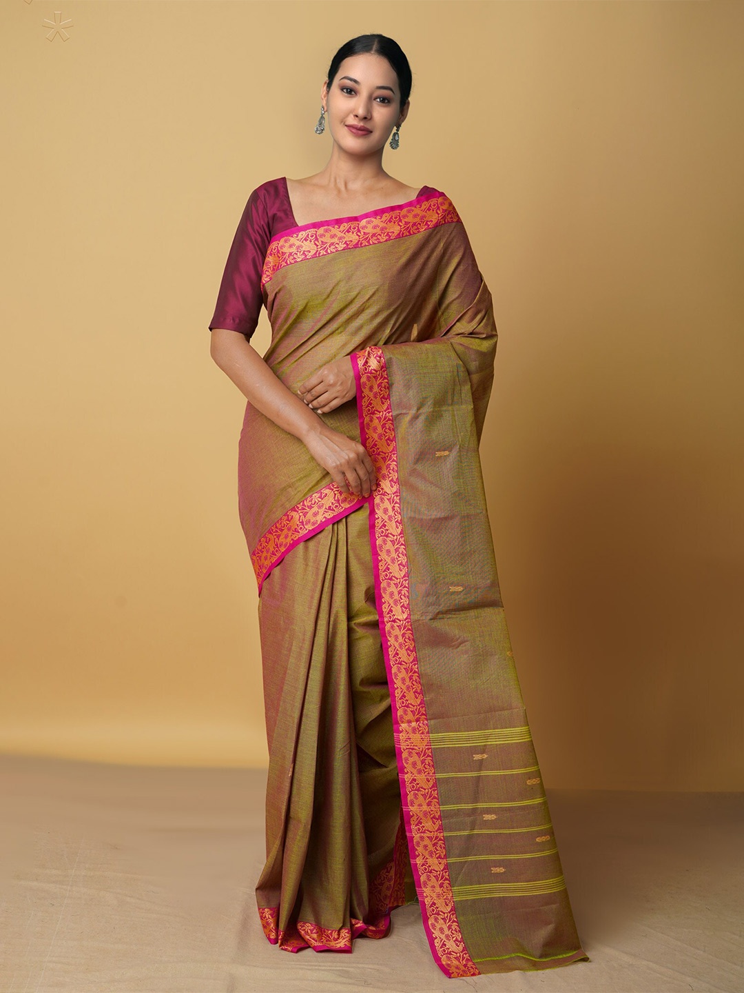 

Unnati Silks Green & Pink Woven Design Zari Pure Cotton Chettinad Saree