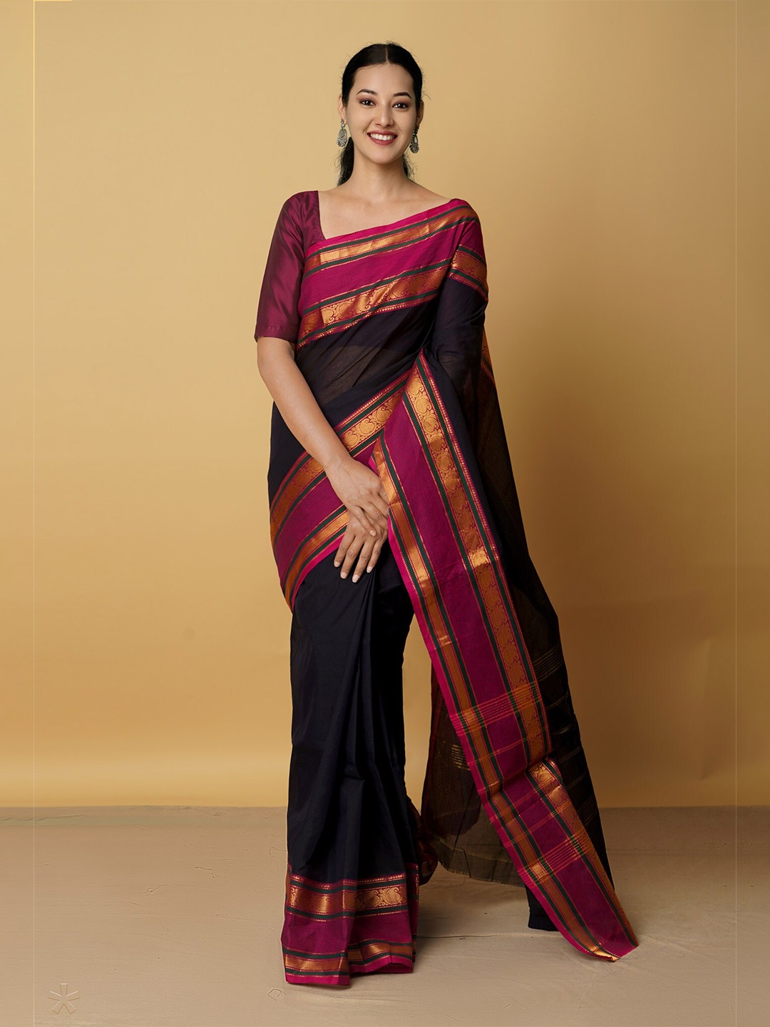 

Unnati Silks Black & Maroon Woven Design Zari Pure Cotton Chettinad Saree