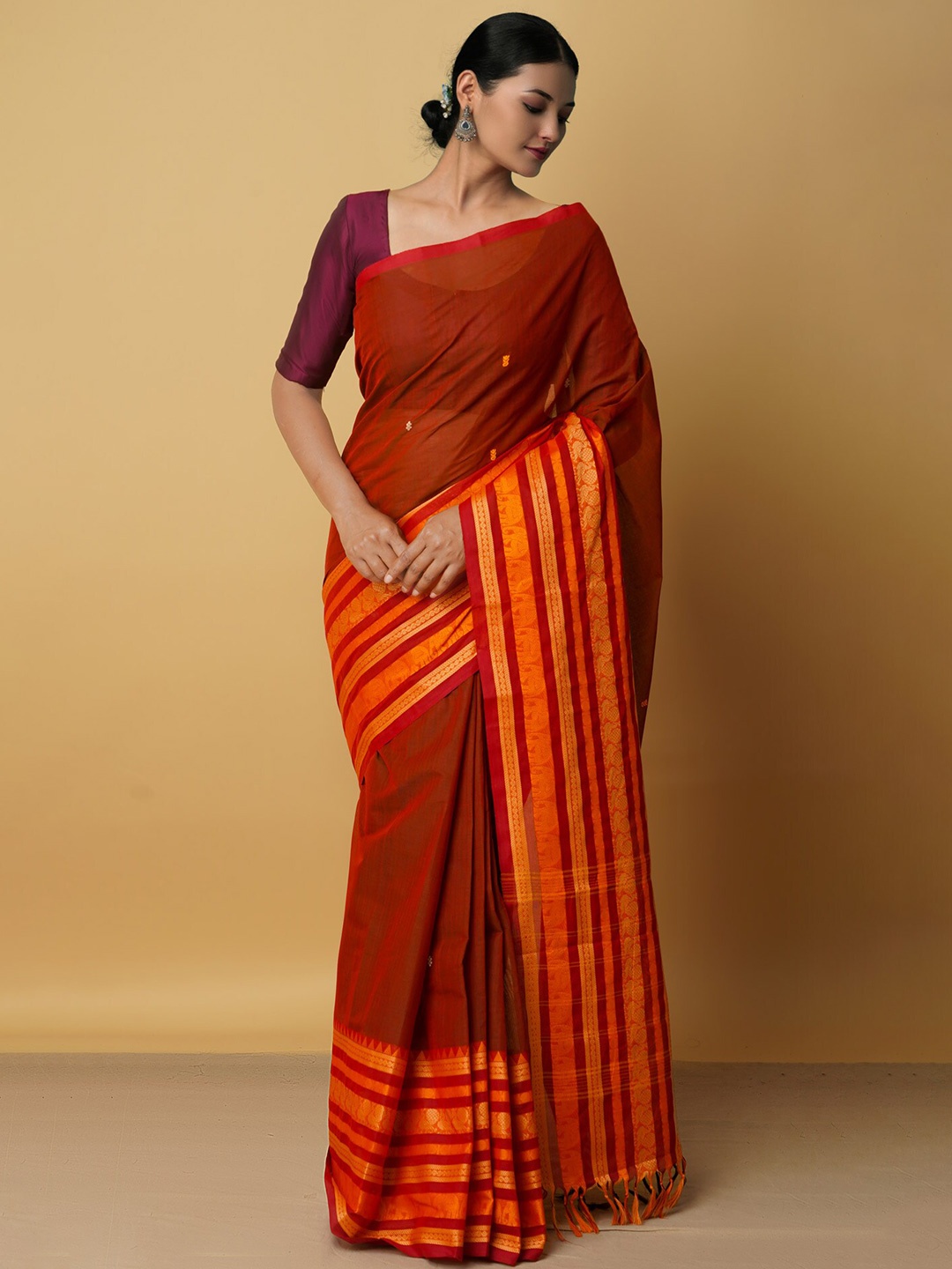 

Unnati Silks Maroon & Red Woven Design Zari Pure Cotton Chettinad Saree