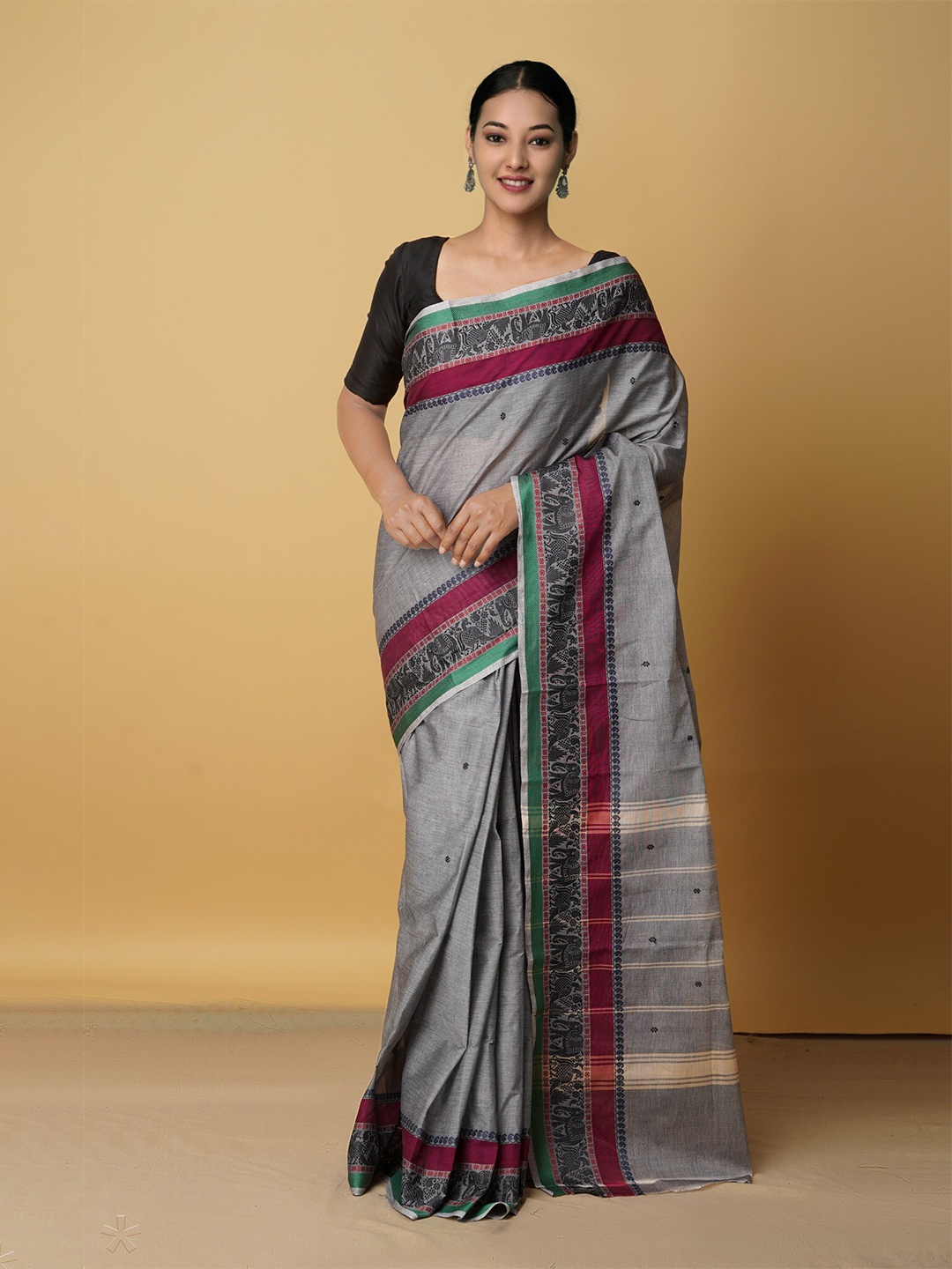 

Unnati Silks Grey & Red Woven Design Pure Cotton Chettinad Saree