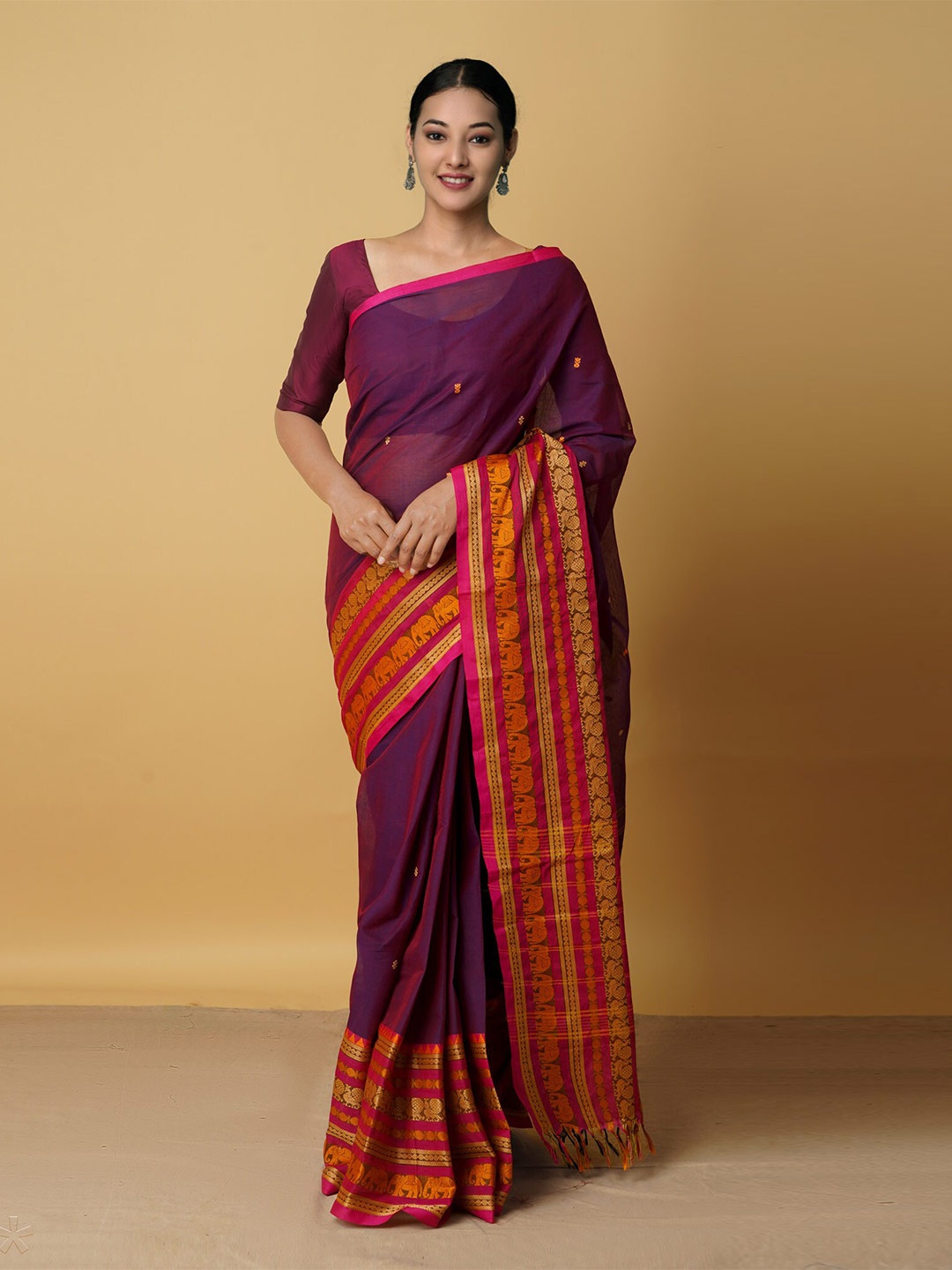 

Unnati Silks Purple & Red Woven Design Pure Cotton Chettinad Saree