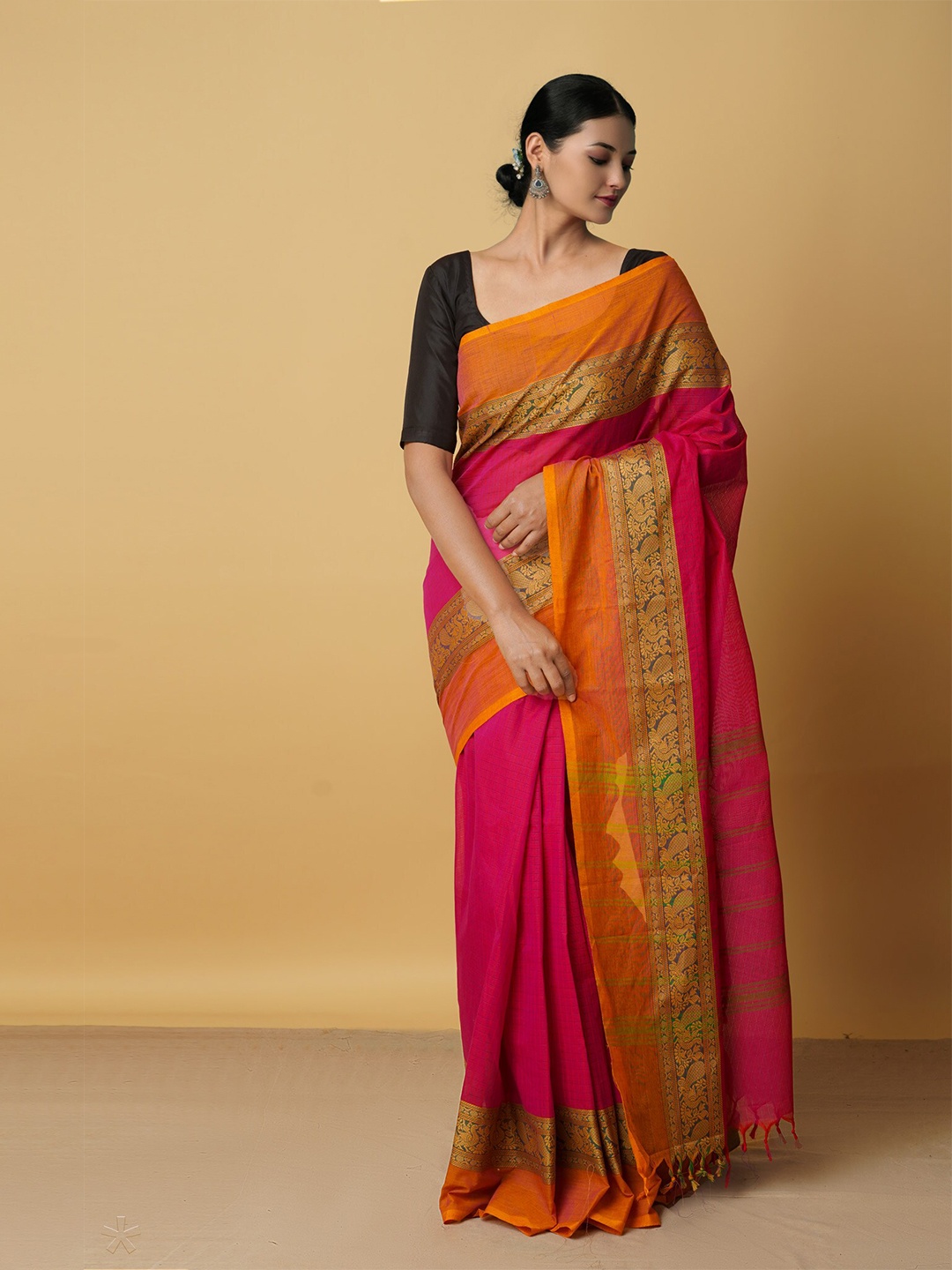 

Unnati Silks Pink & Yellow Woven Design Pure Cotton Chettinad Saree