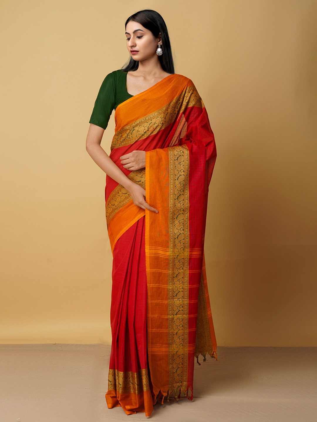 

Unnati Silks Red & Gold-Toned Woven Design Zari Pure Cotton Chettinad Saree