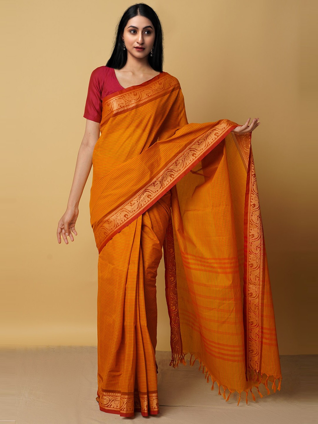 

Unnati Silks Orange & Red Woven Design Pure Cotton Chettinad Saree