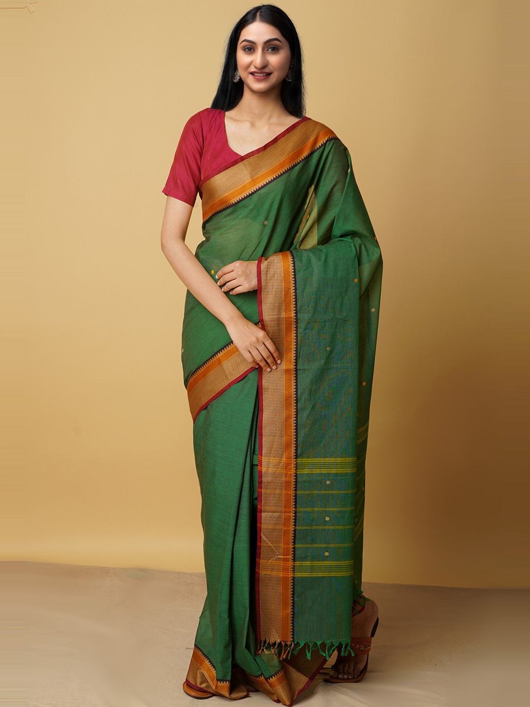 

Unnati Silks Green & Red Woven Design Zari Pure Cotton Chettinad Saree