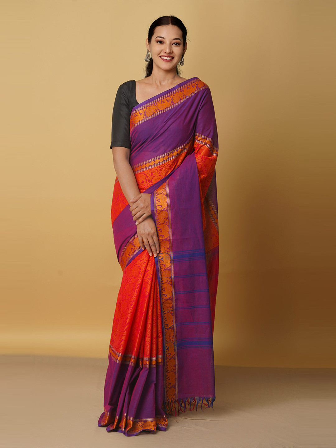

Unnati Silks Women Orange & Purple Woven Design Zari Pure Cotton Saree