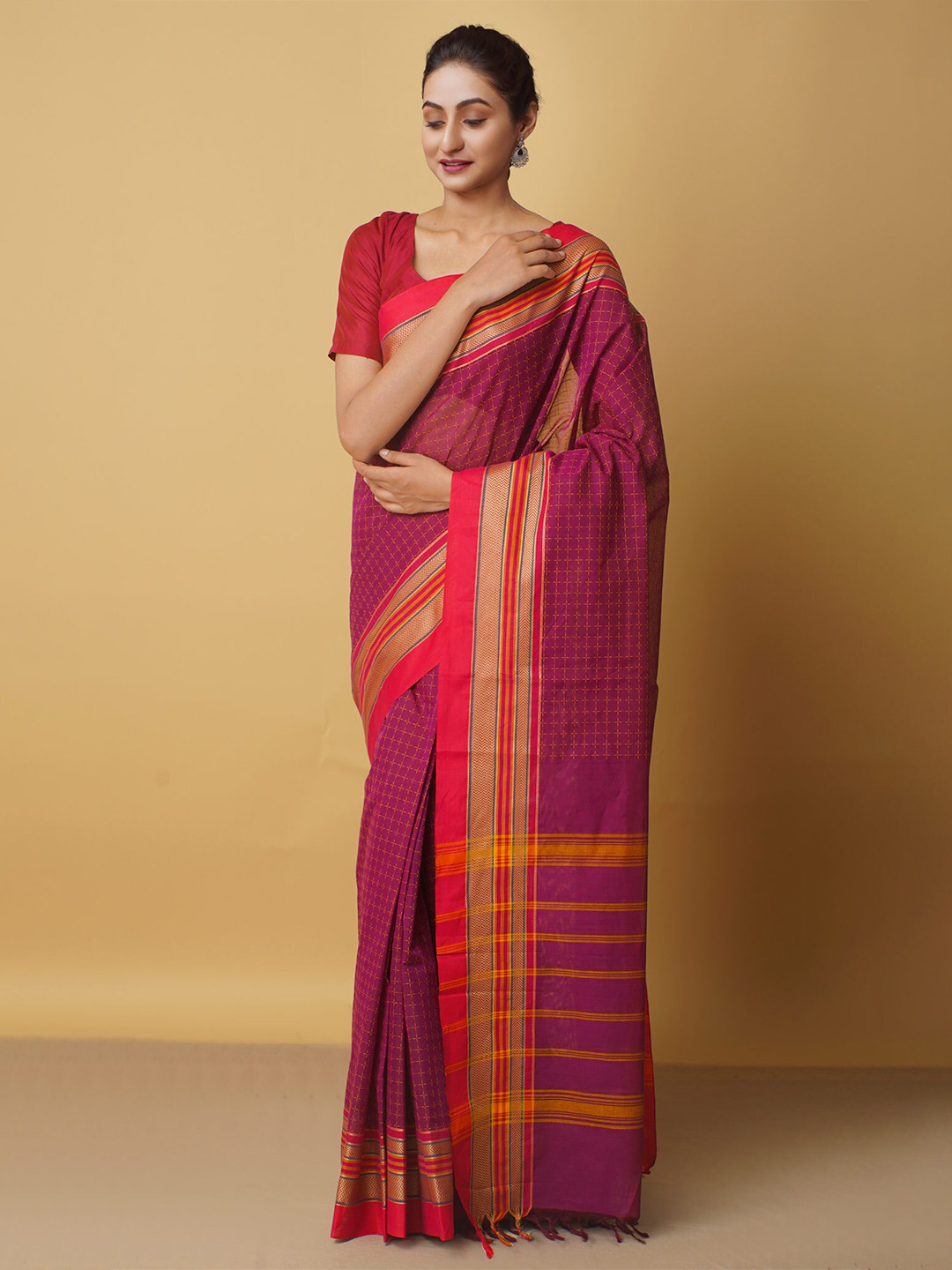 

Unnati Silks Women Purple & Red Woven Design Pure Cotton Chettinad Saree