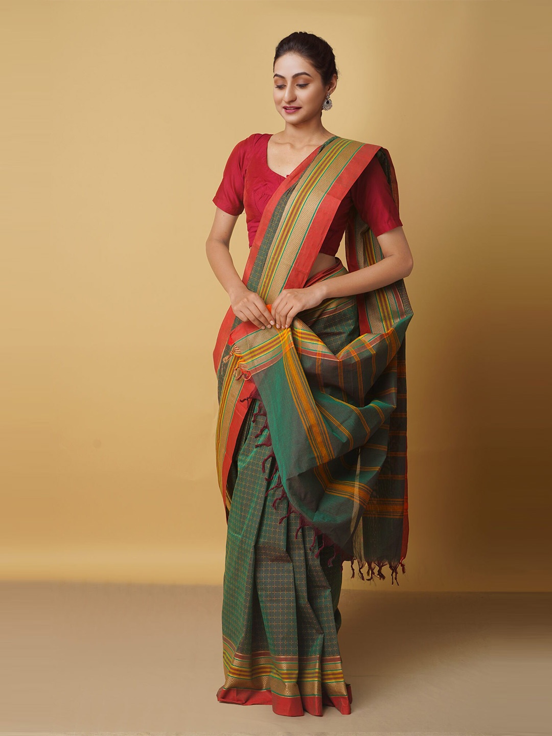 

Unnati Silks Green & Yellow Woven Design Zari Pure Cotton Chettinad Saree