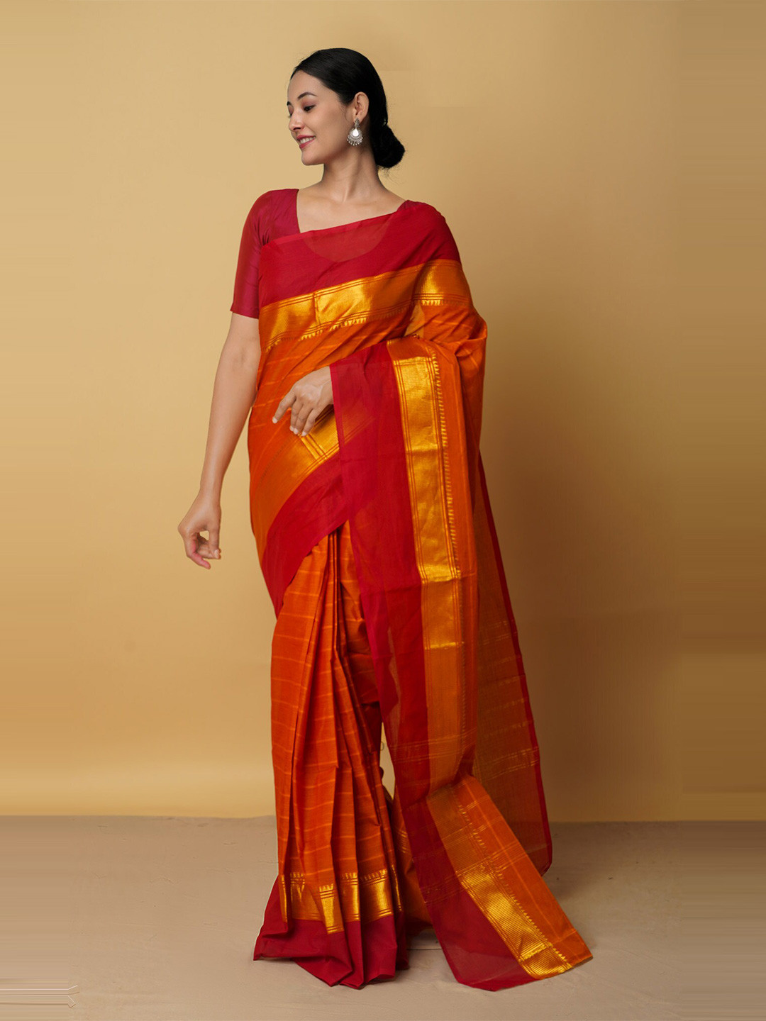 

Unnati Silks Women Orange & Mustard Woven Design Zari Pure Cotton Saree
