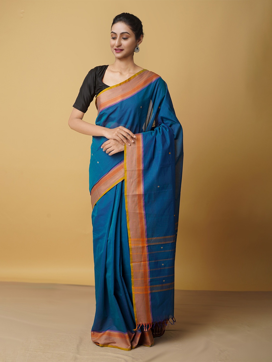 

Unnati Silks Blue & Orange Woven Design Pure Cotton Chettinad Saree