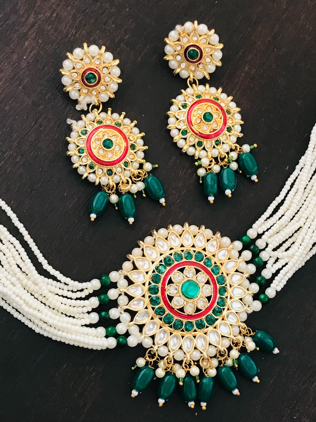 

The Opal Factory Women Gold-Plated Green & White Stone-Studded & Beaded Jewelry Set