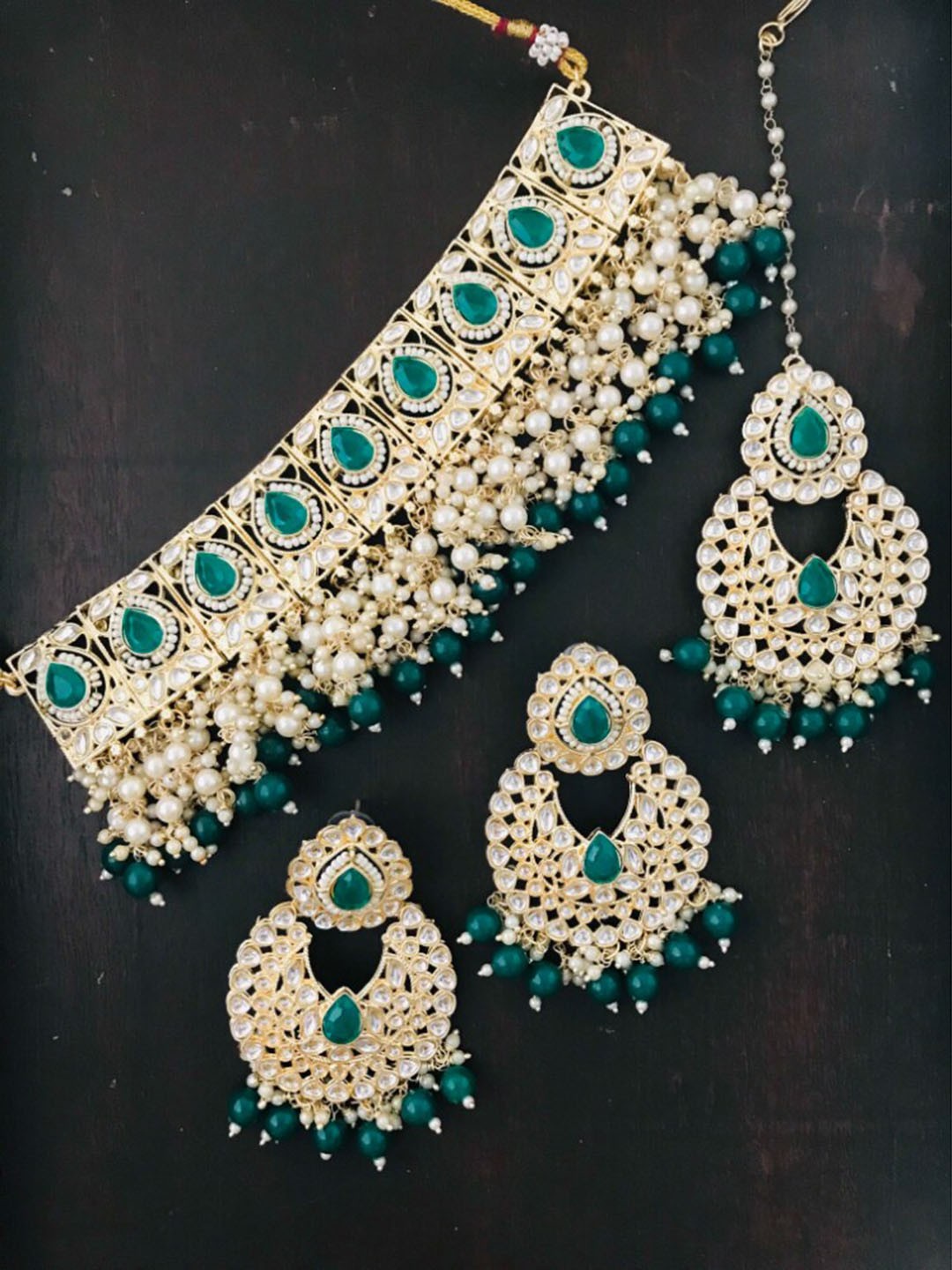 

The Opal Factory Gold-Plated Green & White Kundan Studded & Beaded Jadau Jewellery Set