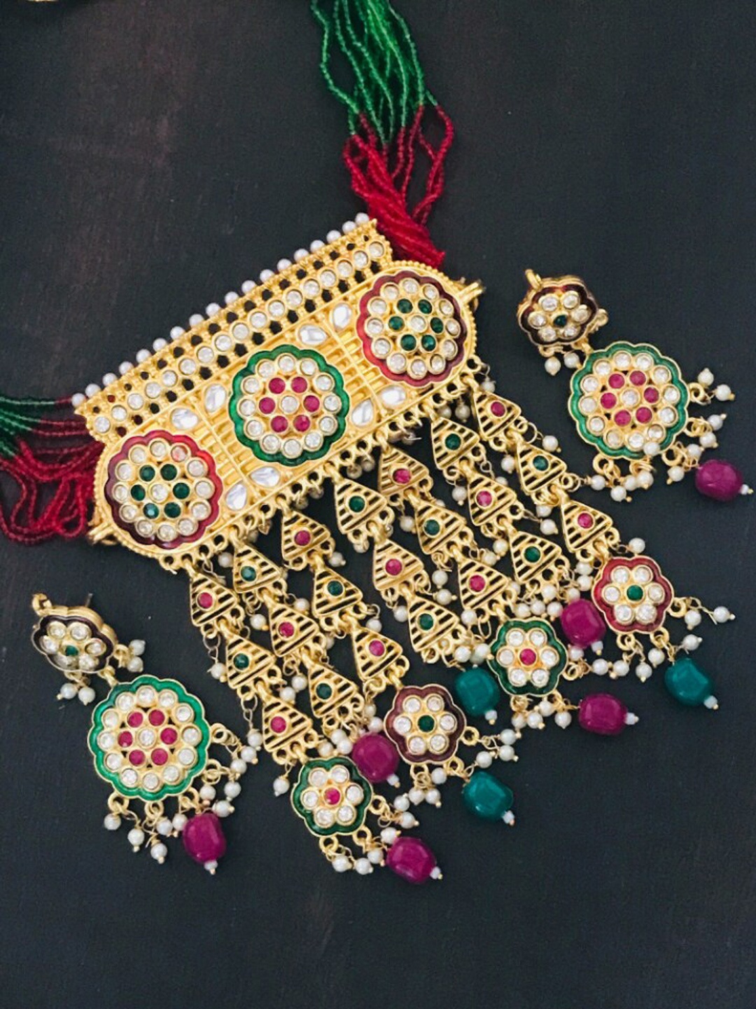 

The Opal Factory Gold-Plated Green & Pink Stone Studded & Beaded Jadau Jewellery Set