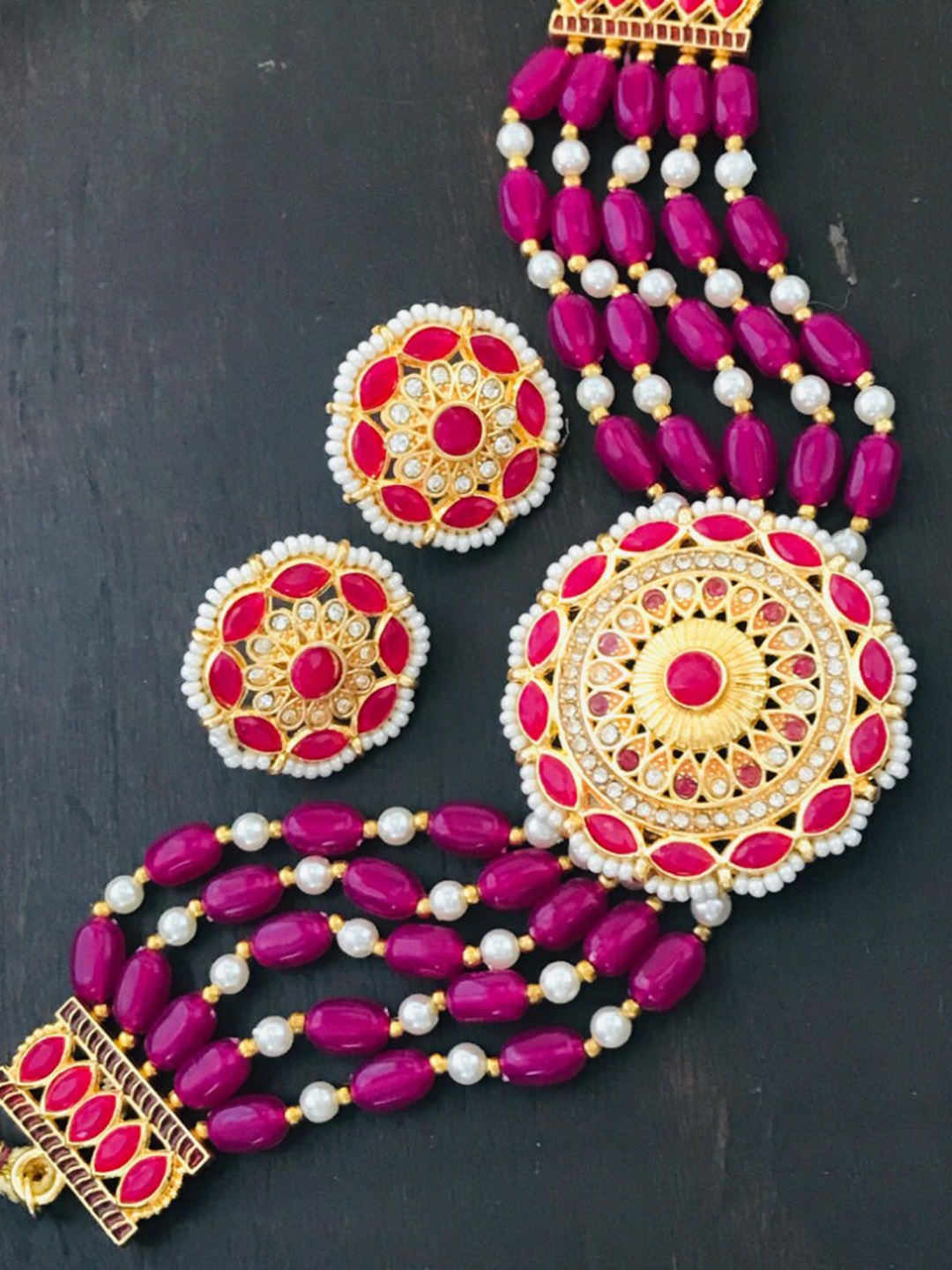 

The Opal Factory Gold-Plated Pink & White AD Studded & Beaded Jadau Jewellery Set