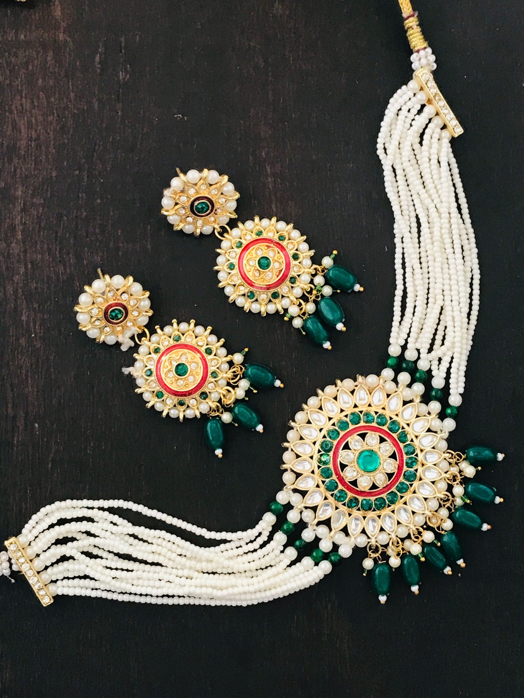 

The Opal Factory Gold-Plated Green & Red Stone Studded & Beaded Meenakari Jewellery Set