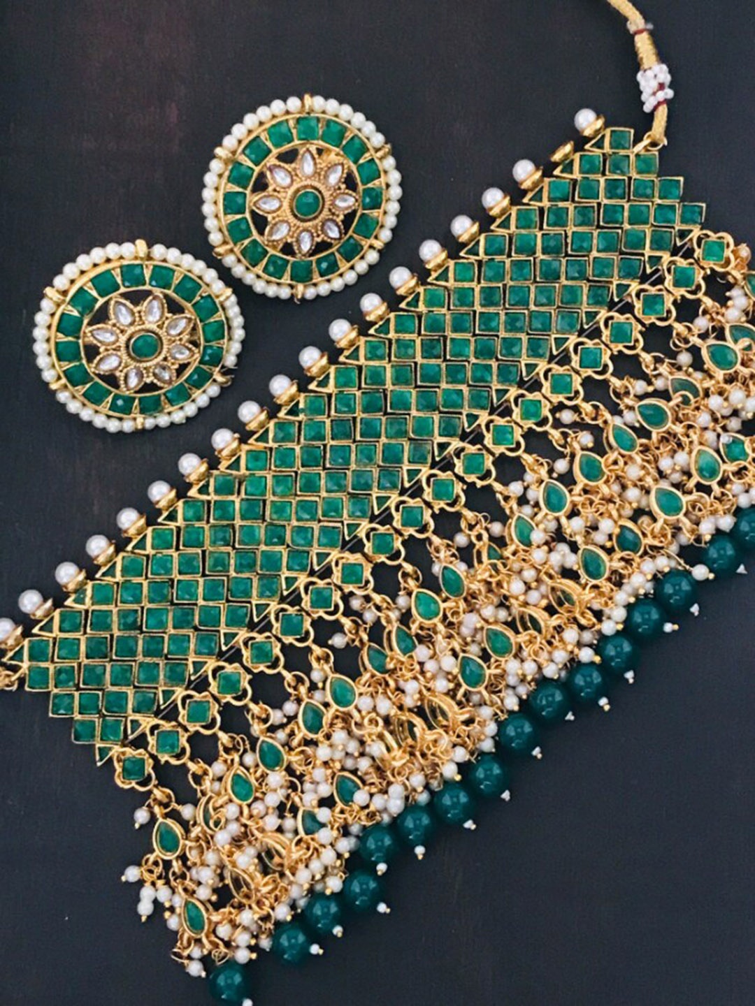 

The Opal Factory Gold-Plated Green & White Stone Studded & Beaded Jadau Jewellery Set