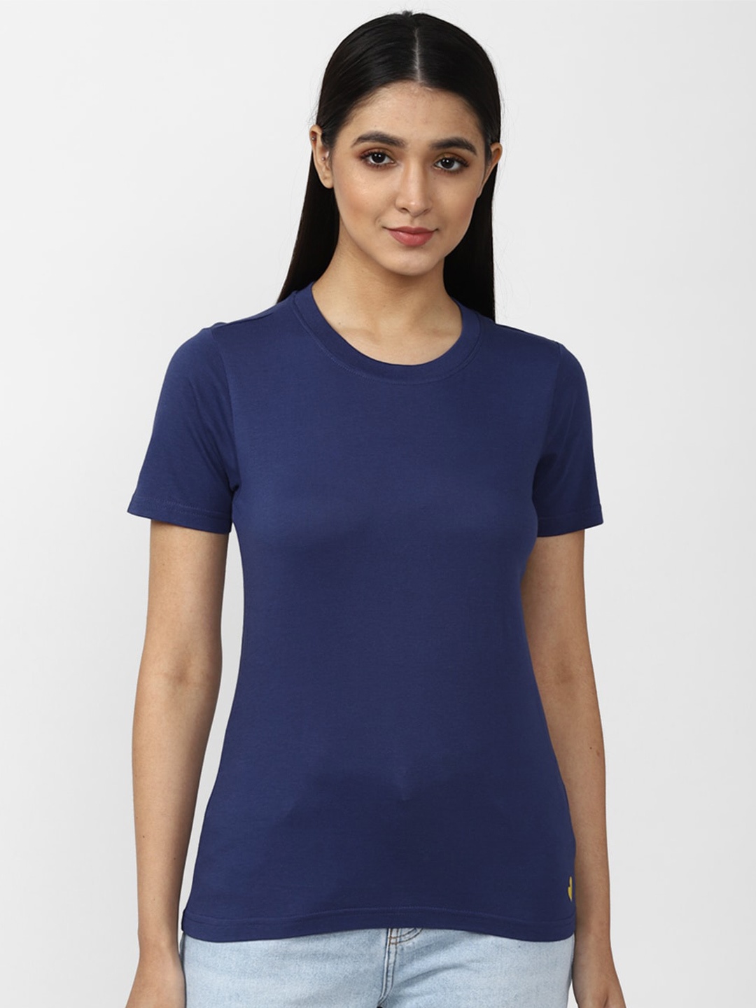 

FOREVER 21 Women Blue Solid Cotton Short Sleeves T-shirt