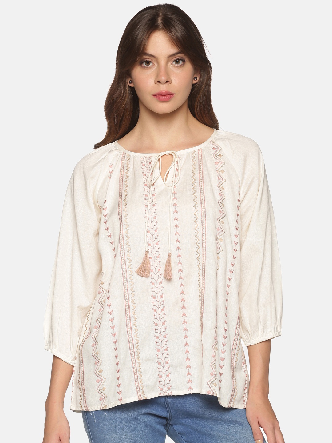 

Saffron Threads Off White Geometric Embroidered Bohemian Top