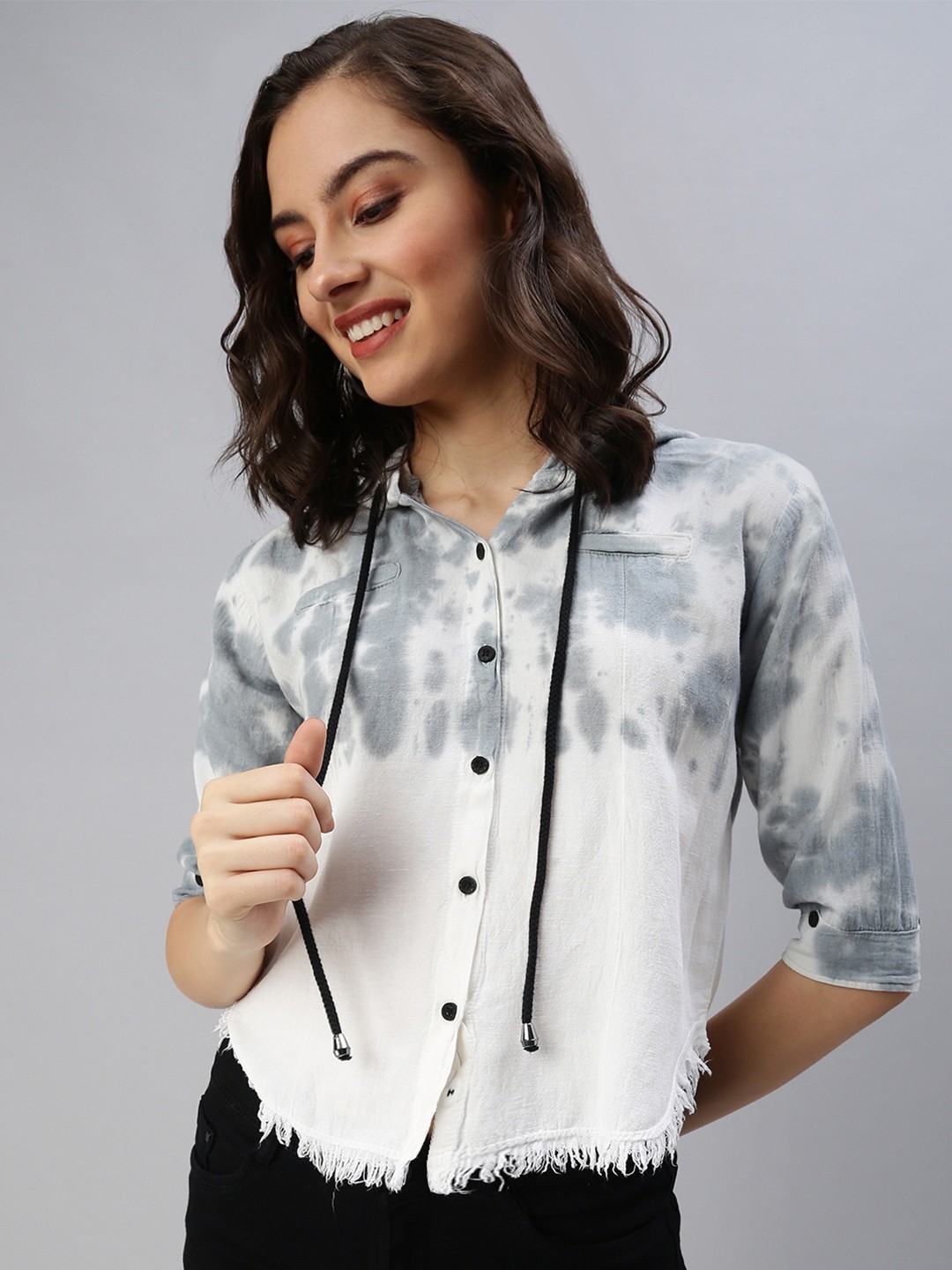

SHOWOFF Women Grey & White Hooded Printed Casual Shirt