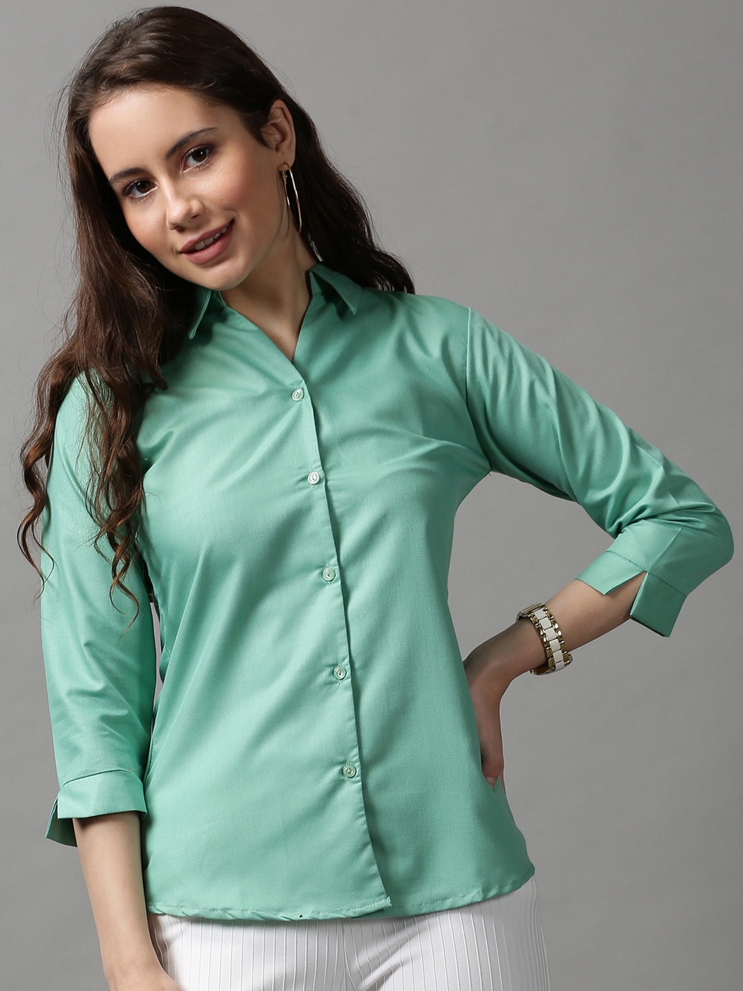 

SHOWOFF Women Green Slim Fit Cotton Casual Shirt