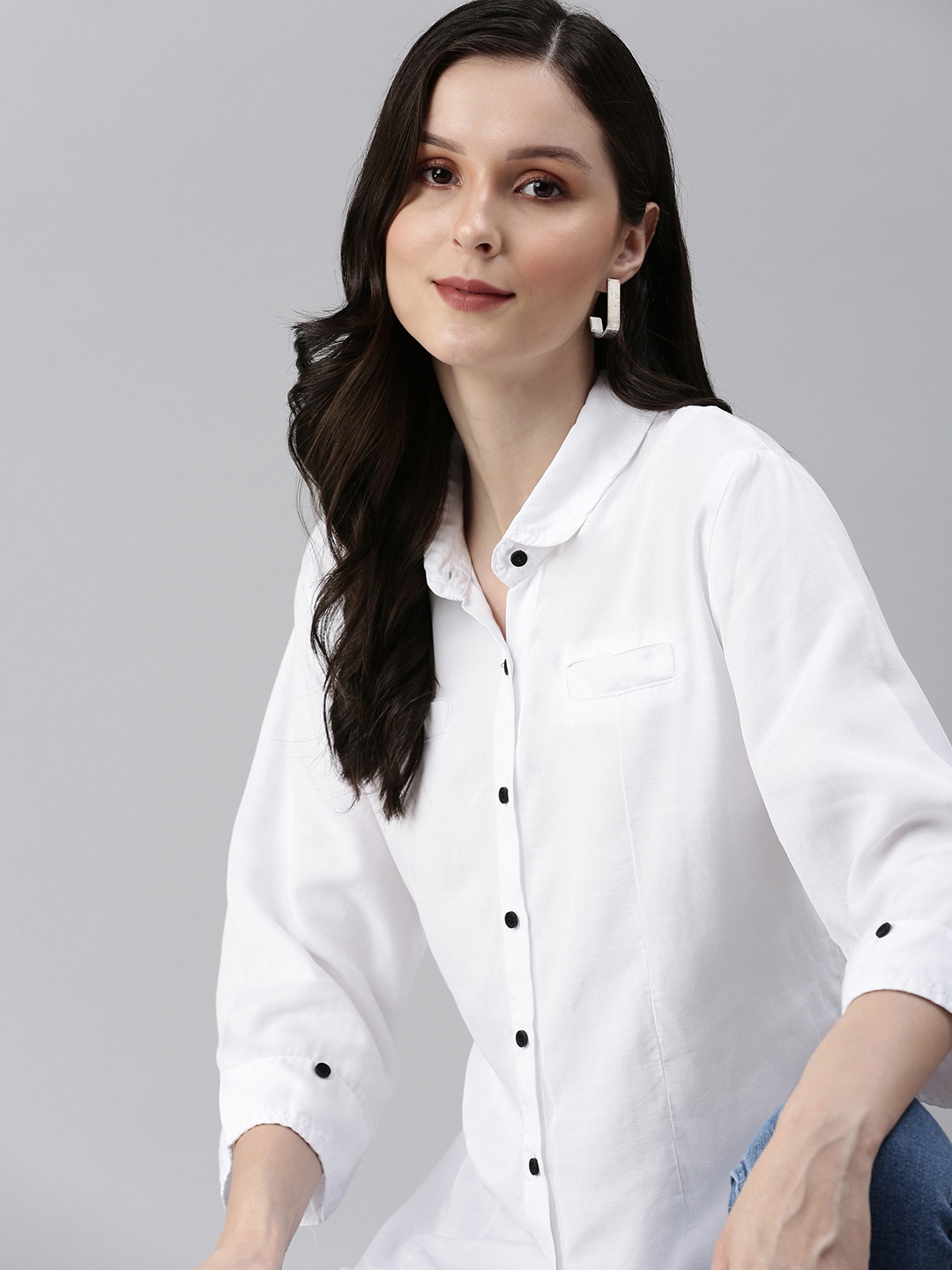 

SHOWOFF Women White Fringed Hem Casual Shirt