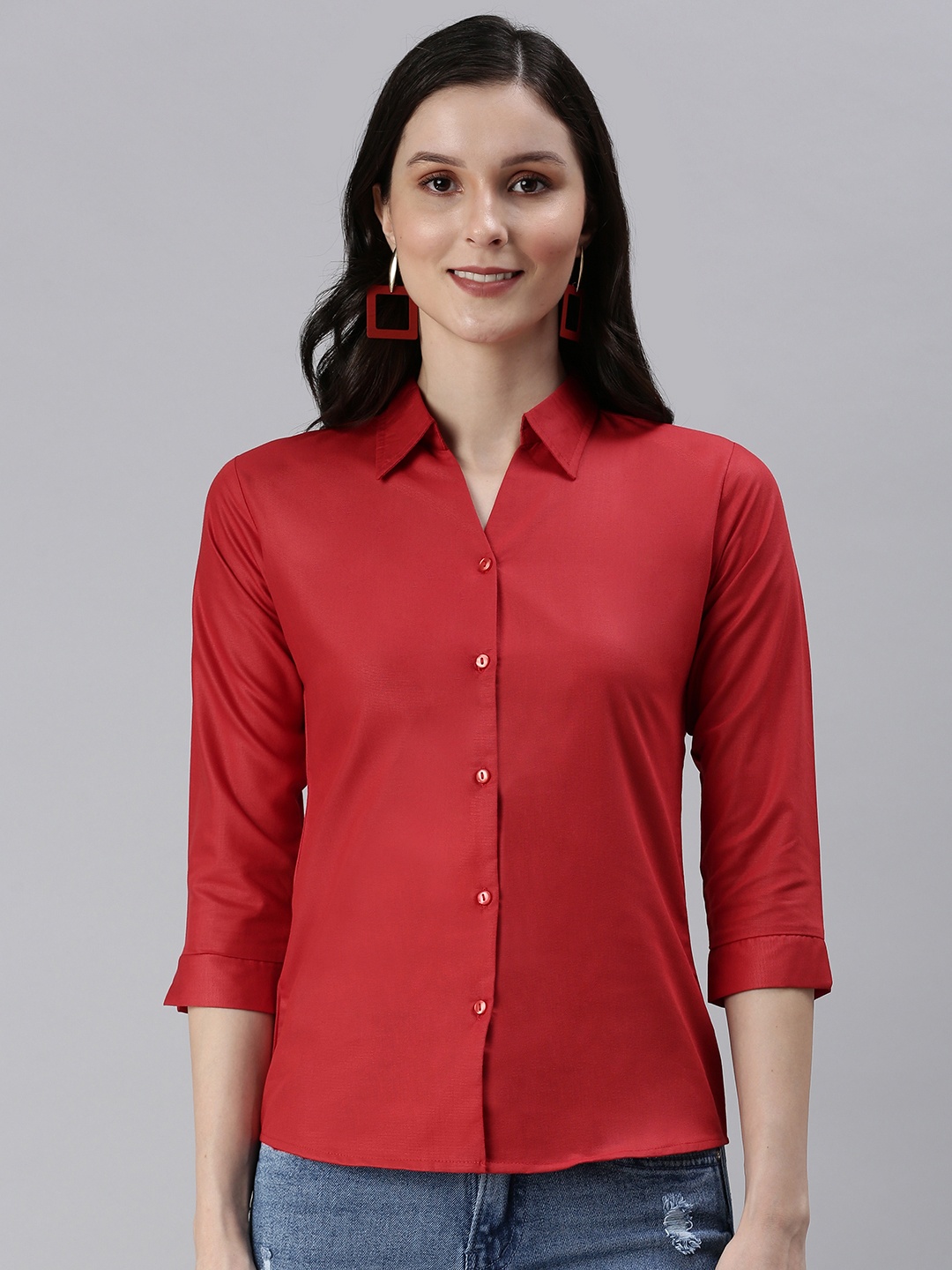 

SHOWOFF Women Red Solid Slim Fit Casual Shirt