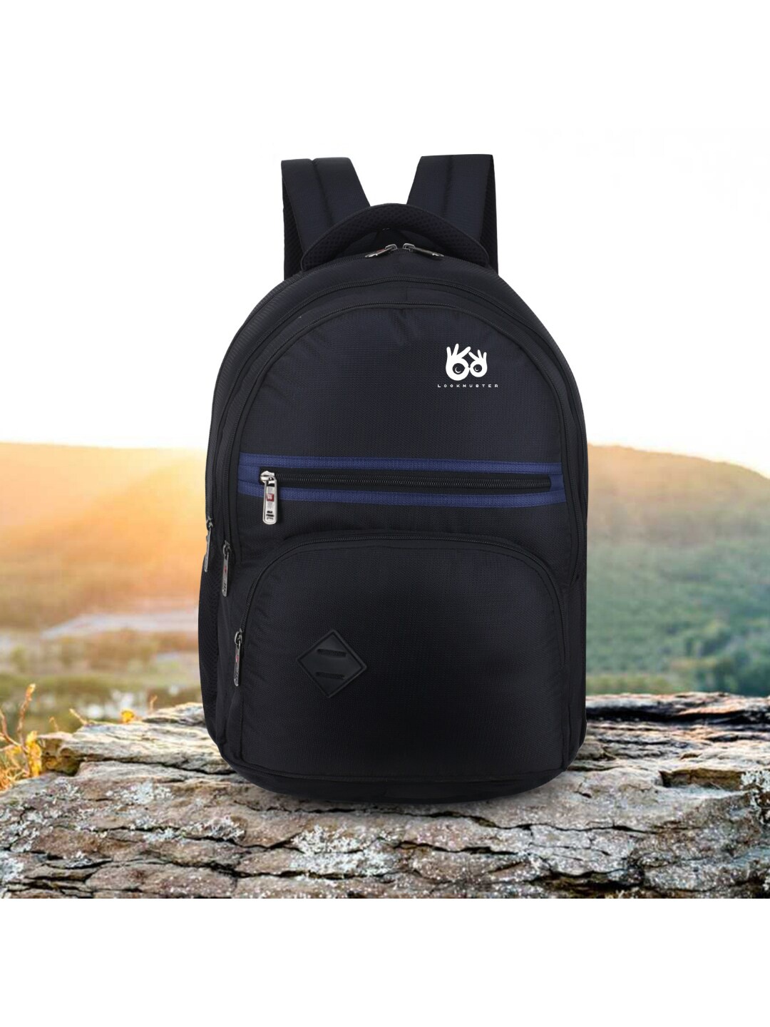 

LOOKMUSTER Unisex Black & Blue Striped Backpack With Rain Cover