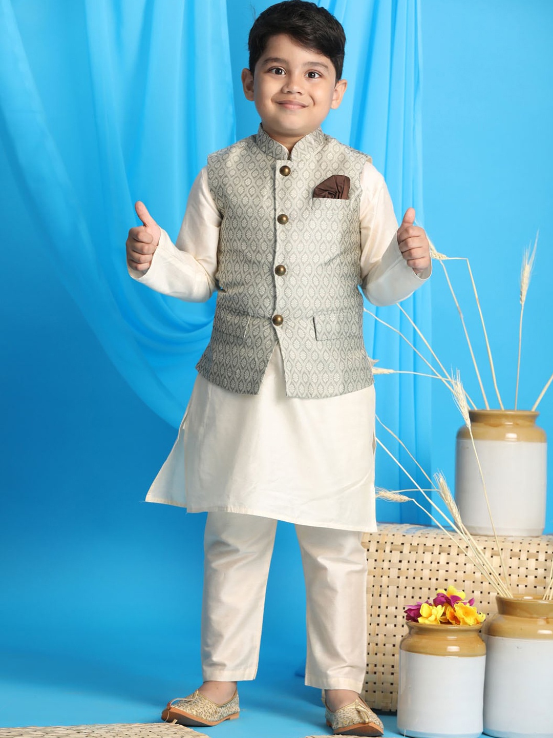 

VASTRAMAY Boys Cream-Coloured Kurta with Trousers With Nehru Jacket