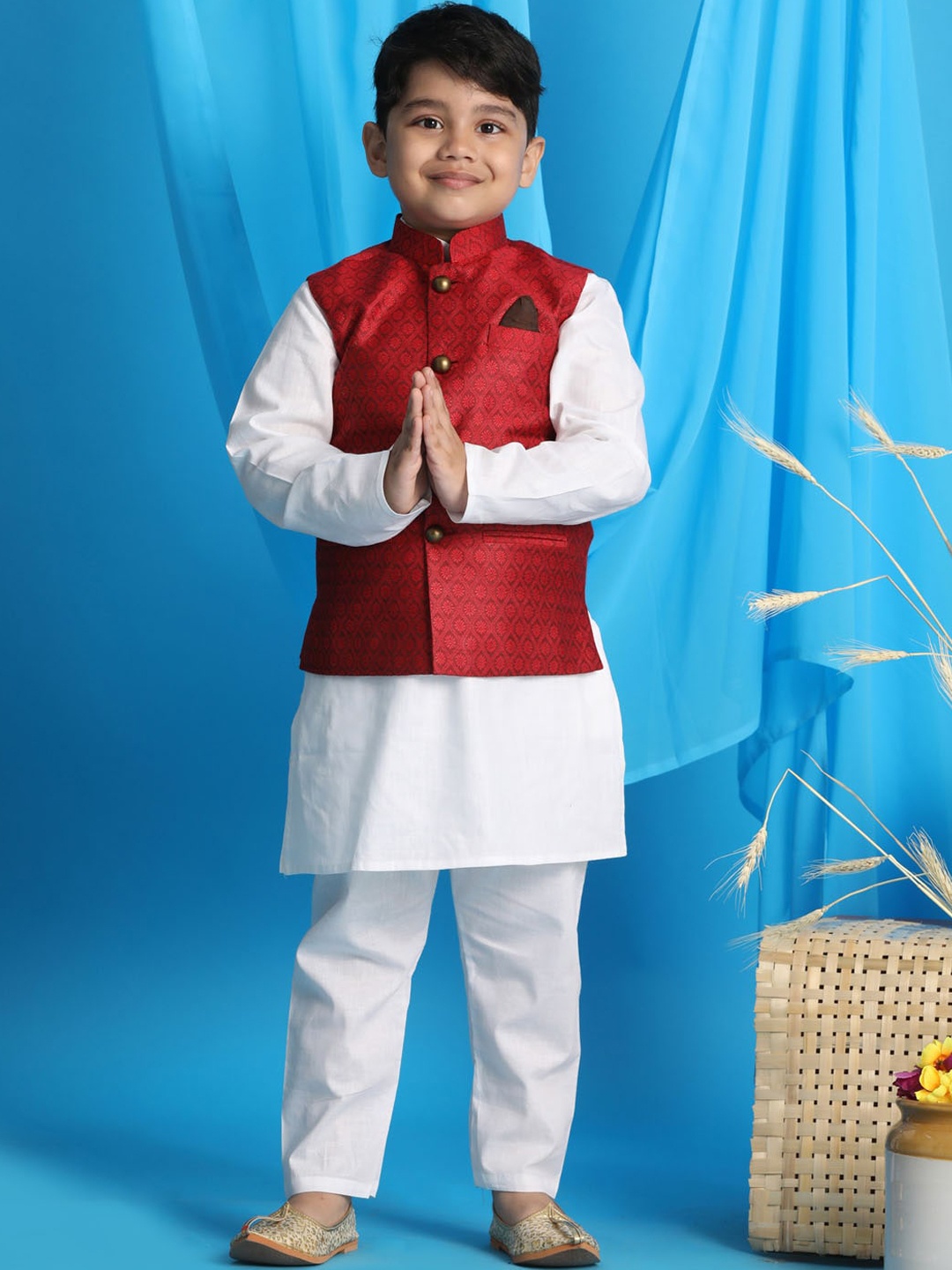 

Vastramay Boys' Cotton Blend Kurta Pyjama With Maroon Woven Nehru Jacket, White