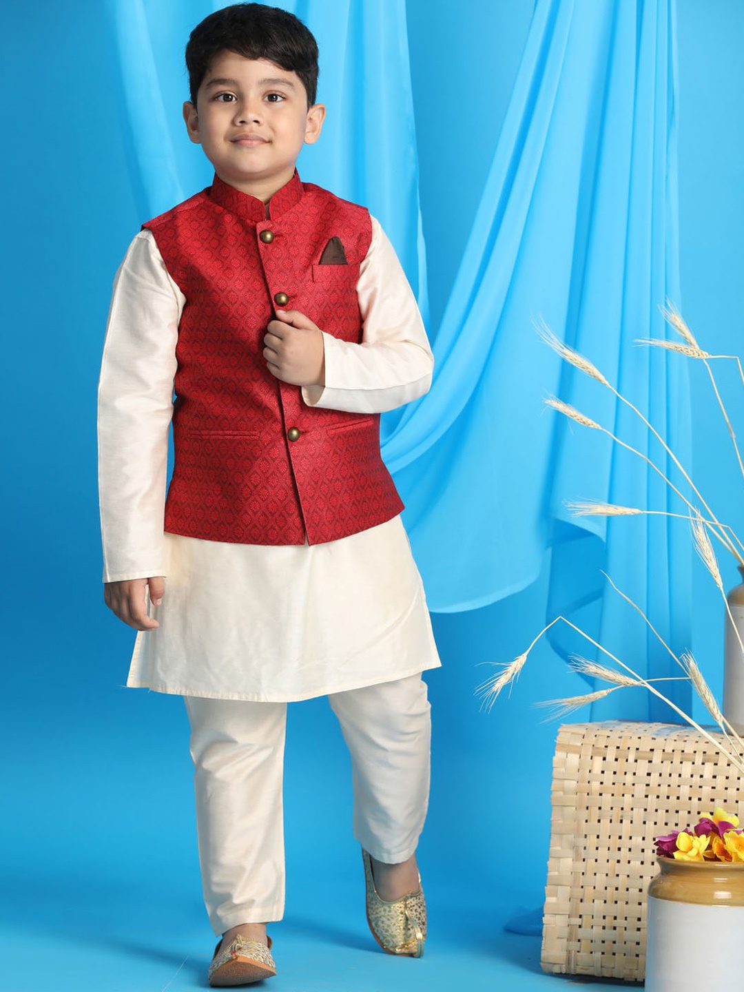 

VASTRAMAY Boys Cream-Coloured Kurta with Pyjamas Comes With Woven Design Nehru Jacket