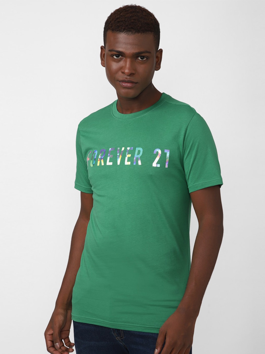 FOREVER 21 Men Green Brand Logo Printed Cotton T-shirt