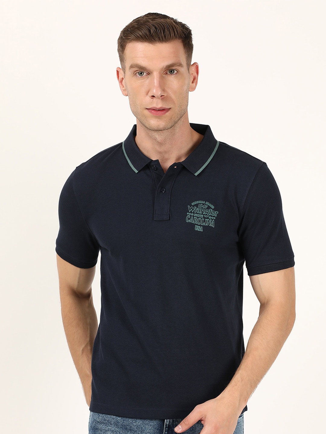 

Wrangler Men Blue Brand Logo Polo Collar T-shirt