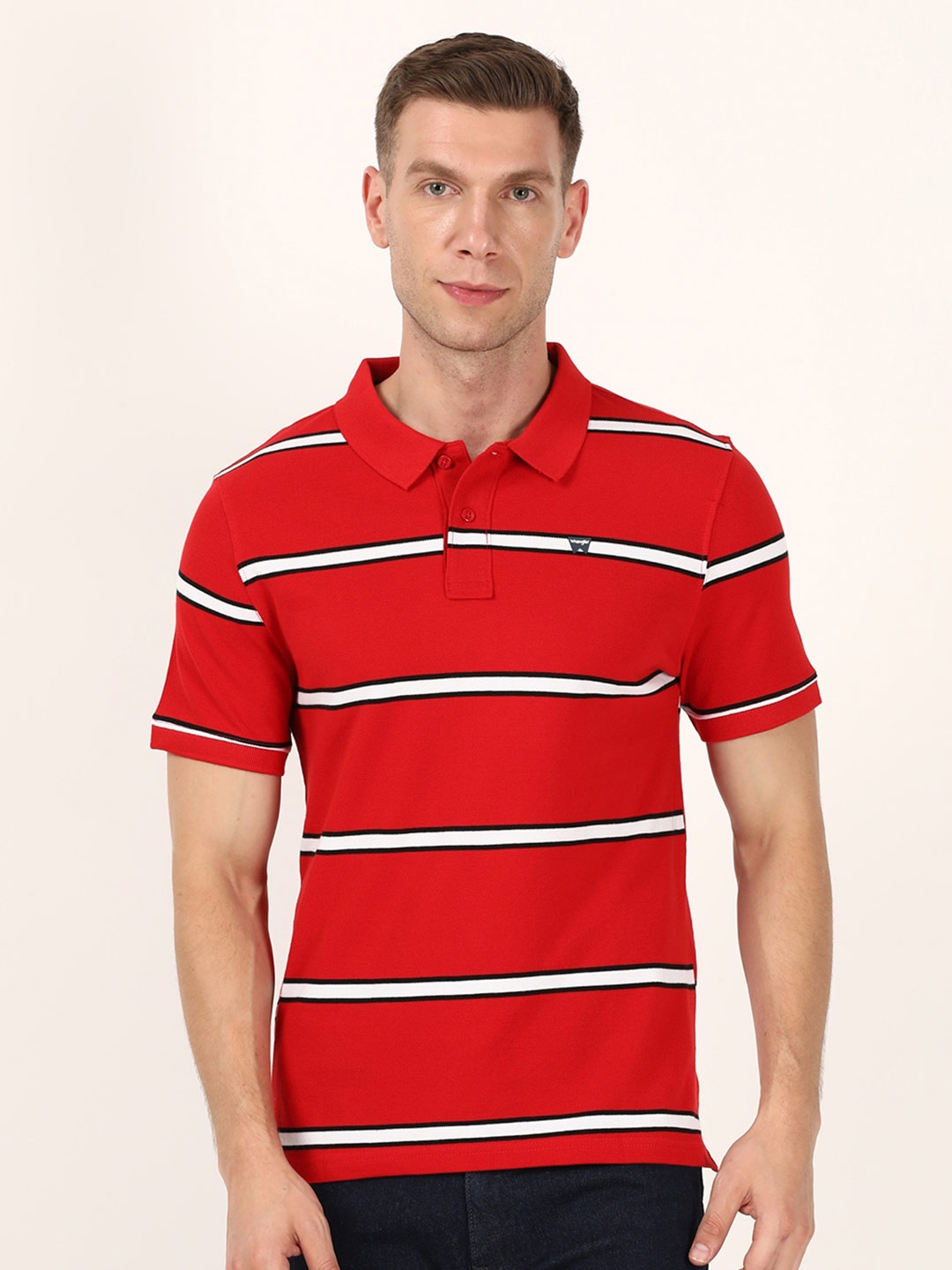 

Wrangler Men Red & White Striped Polo Collar T-shirt