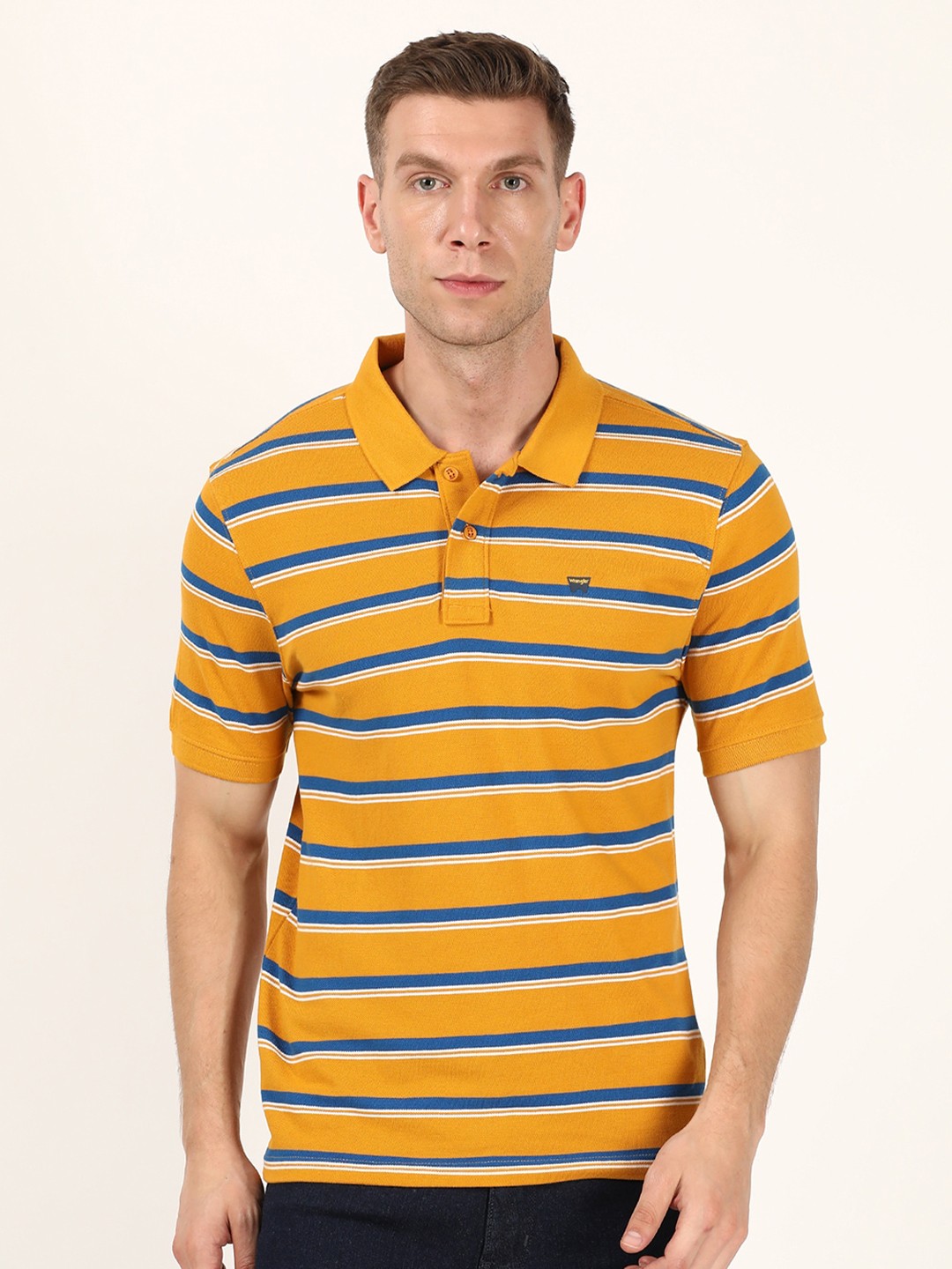 

Wrangler Men Yellow & Blue Striped Polo Collar T-shirt