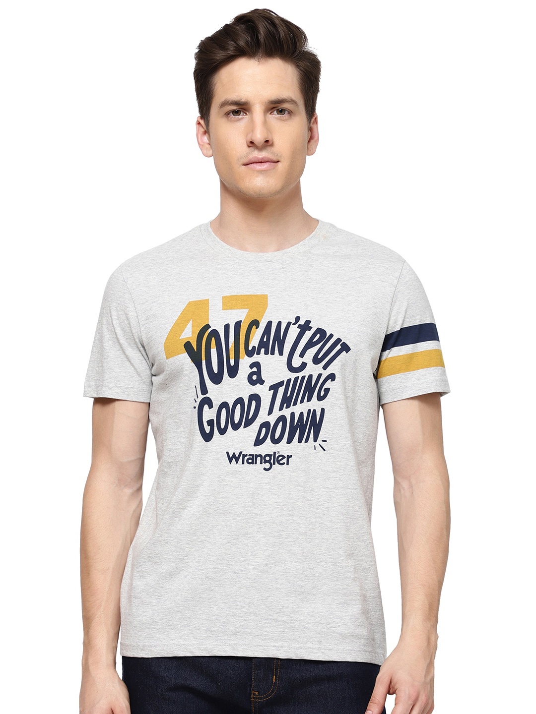 

Wrangler Men Grey Typography Printed Raw Edge T-shirt
