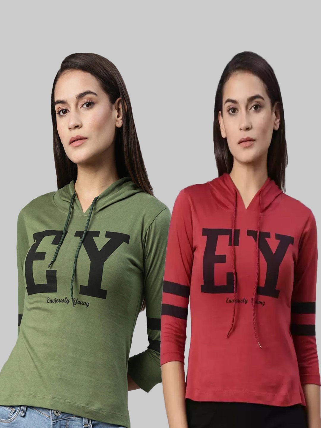 

Enviously Young Pack of 2 Women Olive Green & Red Varsity Printed T-shirt