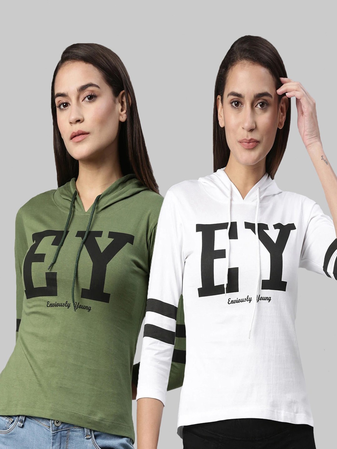 

Enviously Young Women Pack of 2 Olive Green & White Typography Printed T-shirt