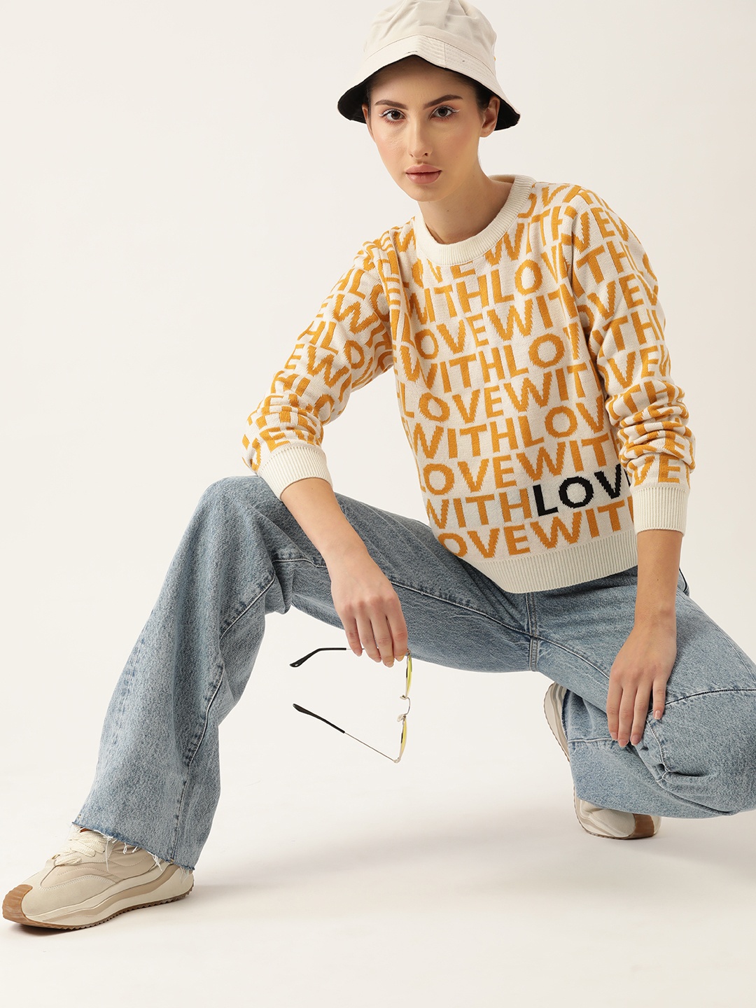 

Kook N Keech Women Off White & Mustard Yellow Typography Pullover