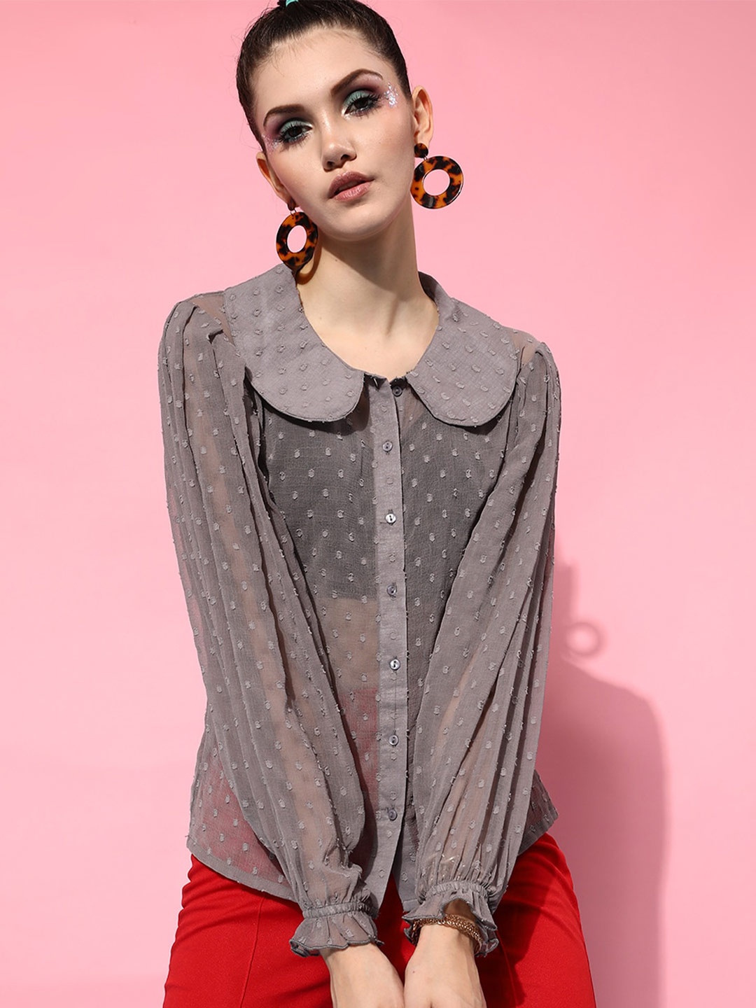 

STREET 9 Women Grey Sheer Printed Casual Shirt