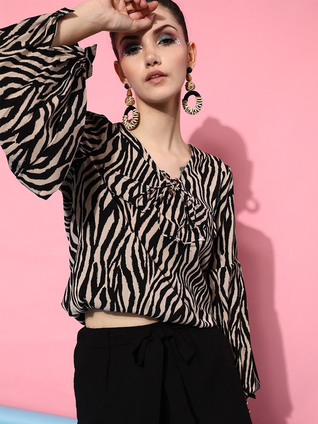 

STREET 9 Women Black & Beige Animal Printed Top