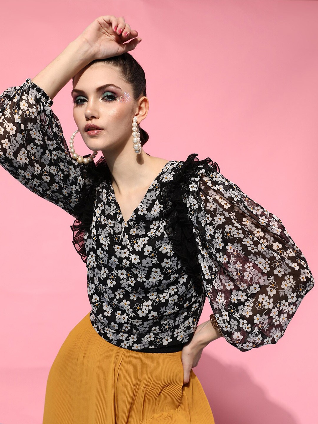 

STREET 9 Women Black Floral Print Chiffon Top