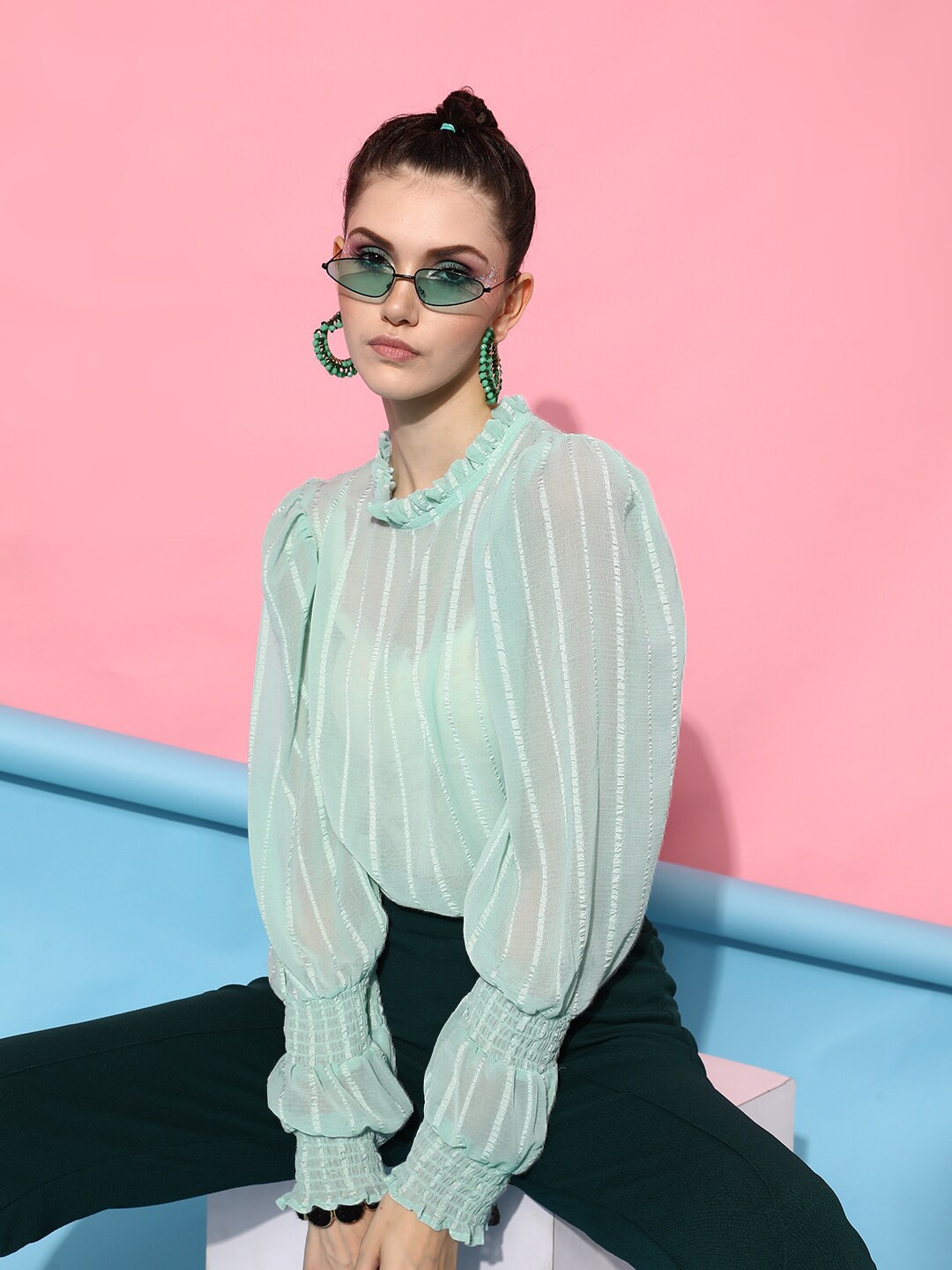 

STREET 9 Turquoise Blue Striped Georgette Blouson Top