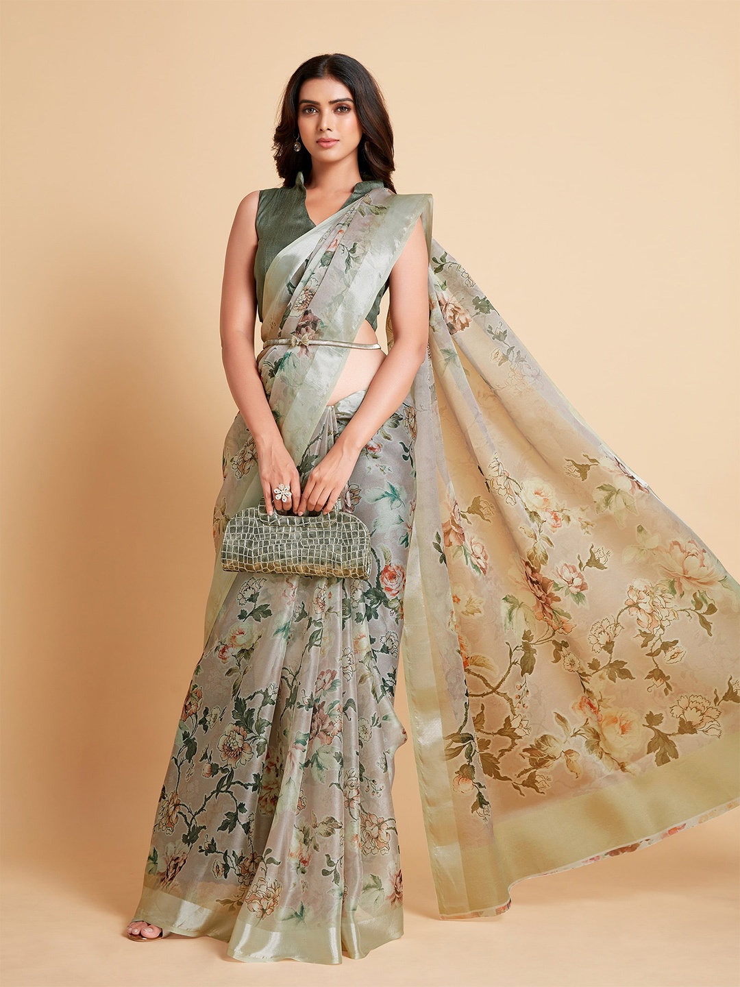 

Sangria Grey & Green Floral Zari Organza Saree