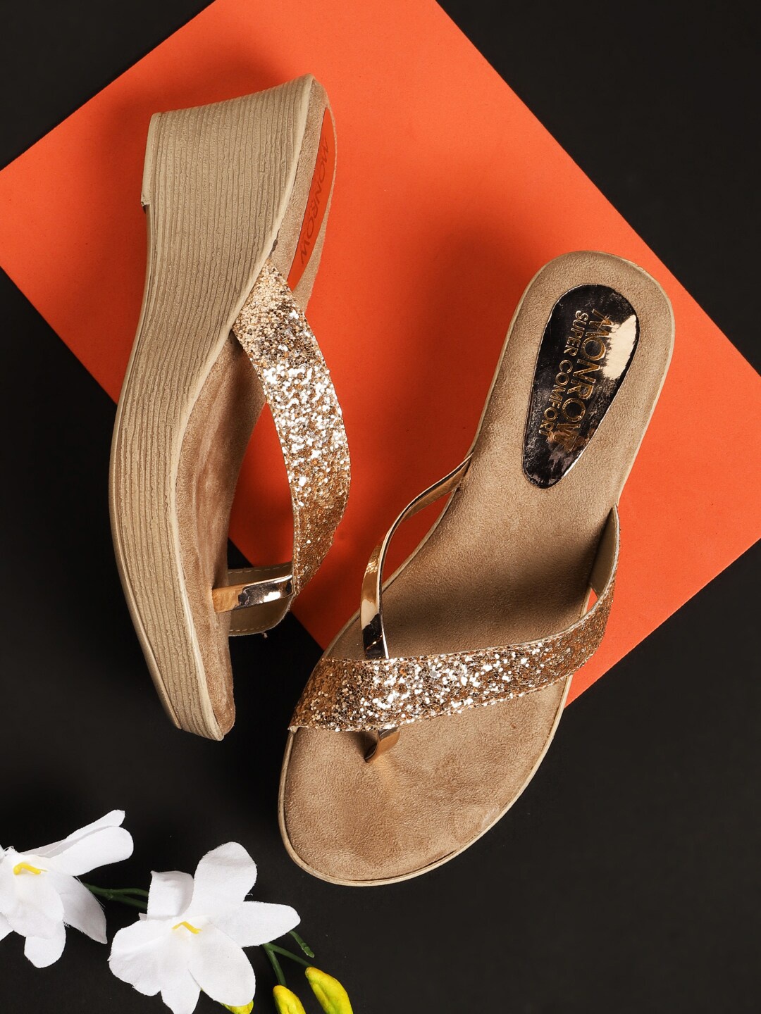 

Monrow Women Rose Gold PU Embellished Wedge Sandals