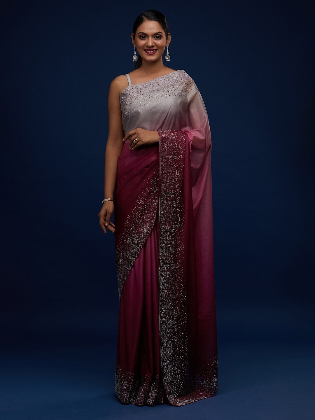 

Koskii Maroon & Silver-Toned Ombre Embroidered Tissue Saree