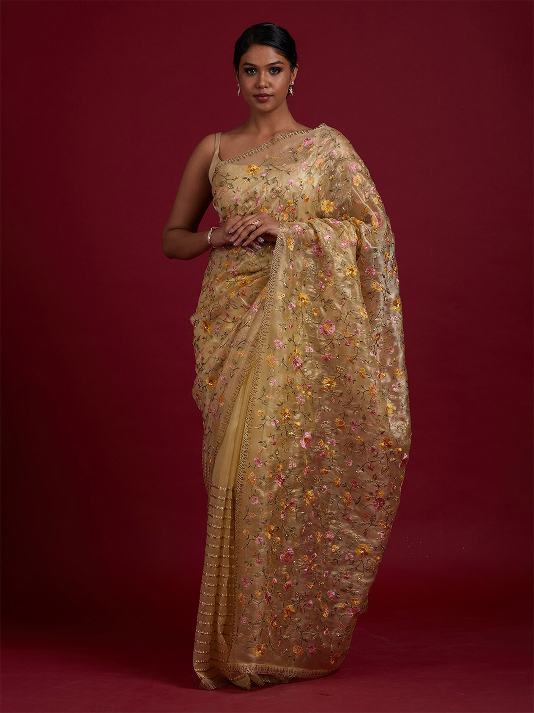 

Koskii Yellow Floral Embroidered Tissue Saree