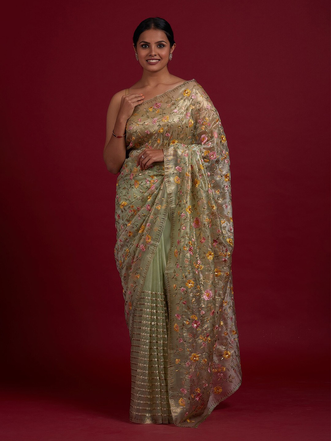 

Koskii Green & Mustard Floral Embroidered Tissue Saree