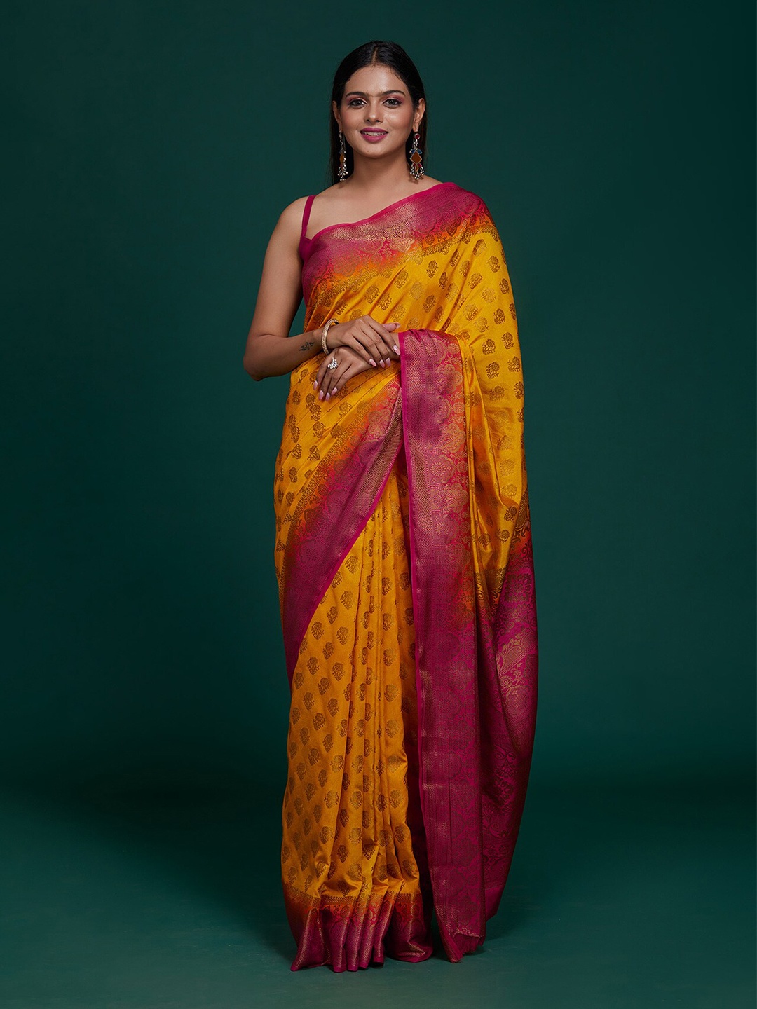 

Koskii Women Yellow & Pink Woven Design Zari Art Silk Banarasi Saree