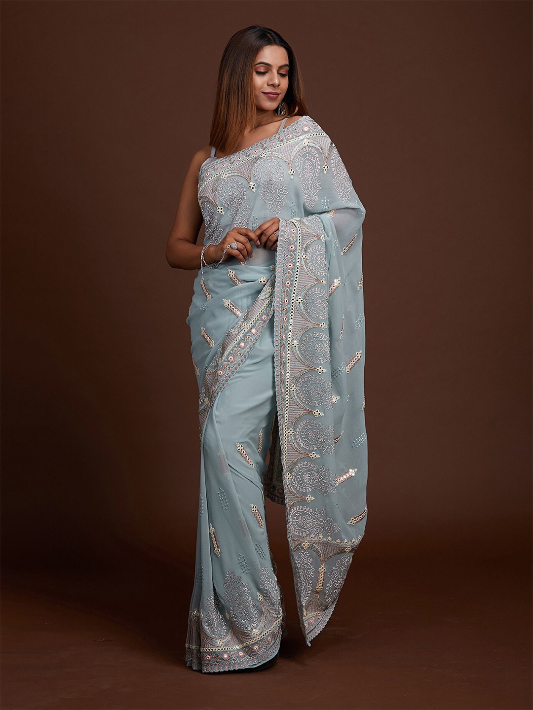 

Koskii Blue & Silver-Toned Paisley Zari Saree