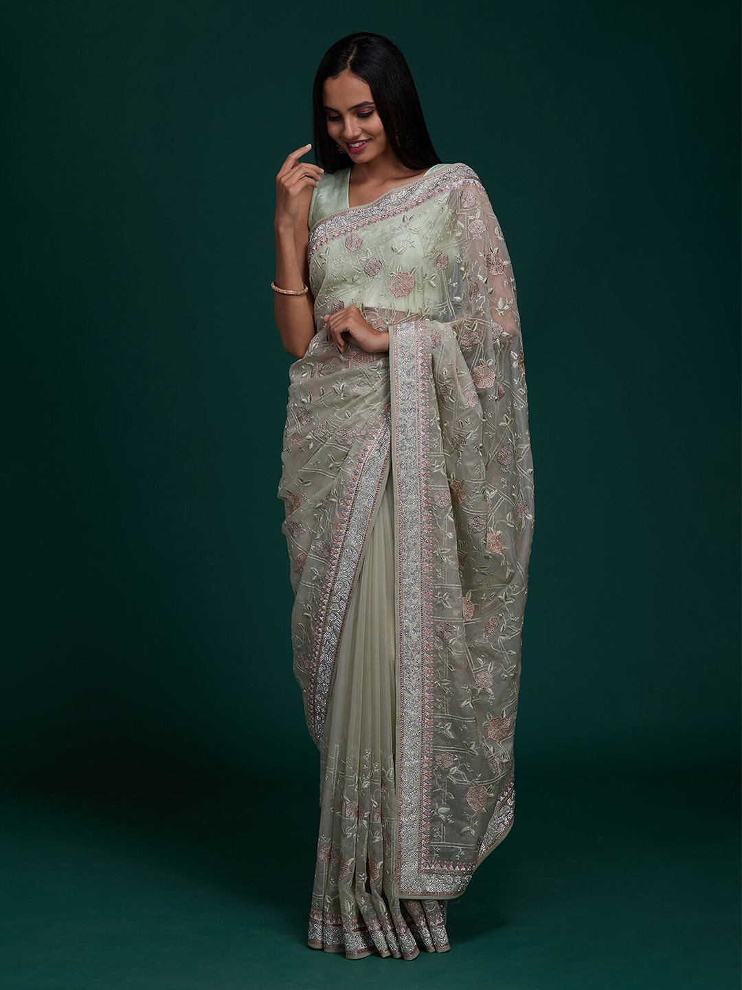 

Koskii Green & Silver-Toned Floral Embroidered Tissue Saree
